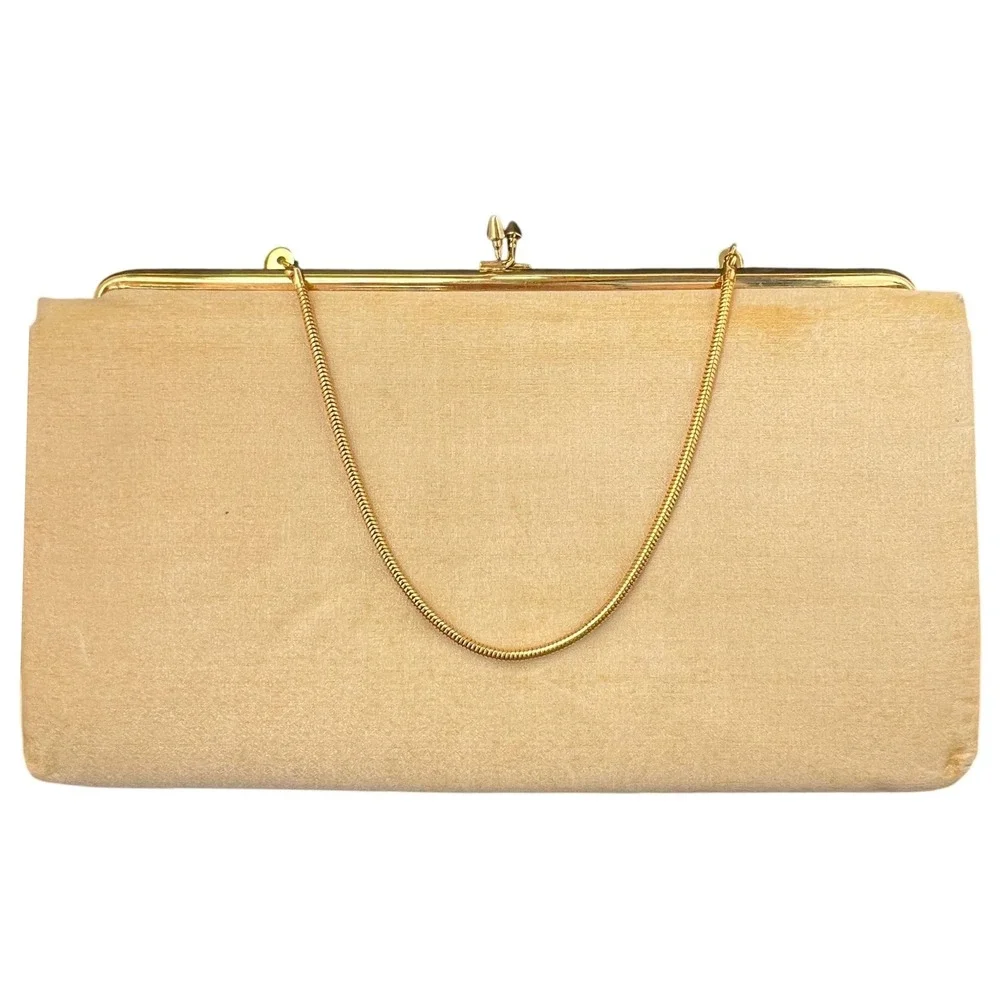 Vintage Style Clutch Champagne Satin Evening Bag Gold Chain Large